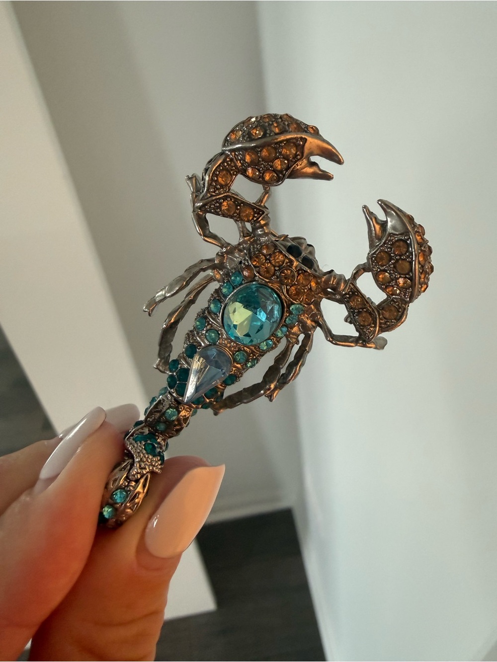 Source Unknown Scorpion Brooch with Teal and Amber Rhinestones